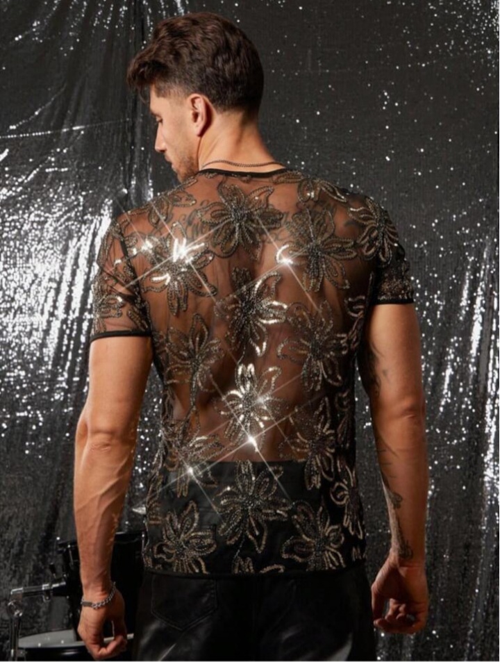 Men's Knitted Fashionable Casual Loose Sequin Decorated short Sleeve T - Shirt